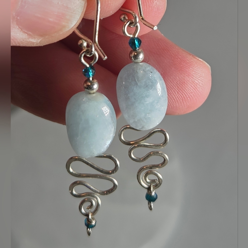 Freeform Aquamarine and Czech Glass Argentium Silver Earrings